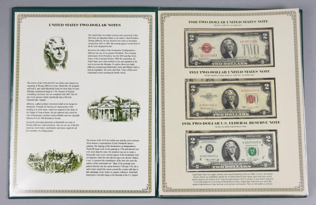 PCS Stamp & Coins Two Dollar Notes Folio: A United States Two-Dollar Notes Folio by PCS Stamps & Coins. Includes a presentation folder housing a collection of three historical $2 notes: a 1928 Red Seal United States Note, a 1953 Red Seal 2 do