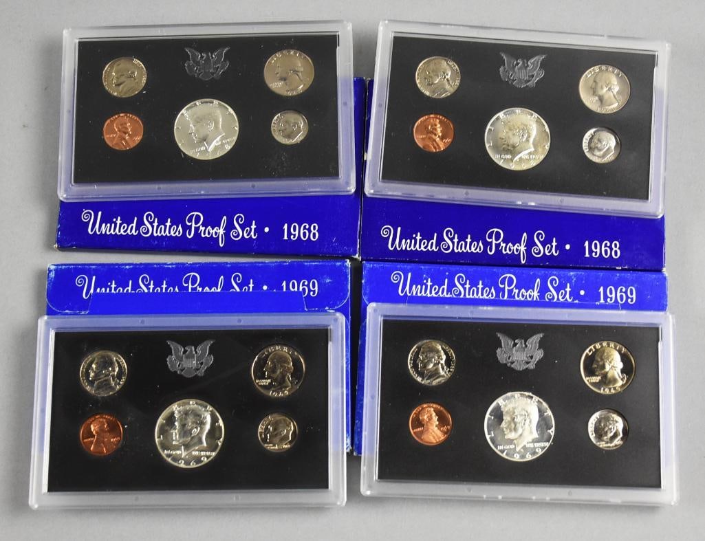 (4) 1968-69 United States Proof Sets: Four United States Proof Sets, including two sets from 1968 and two from 1969. Each set contains five coins: Lincoln cent, Jefferson nickel, Roosevelt dime, Washington quarter, and Kennedy half dollar