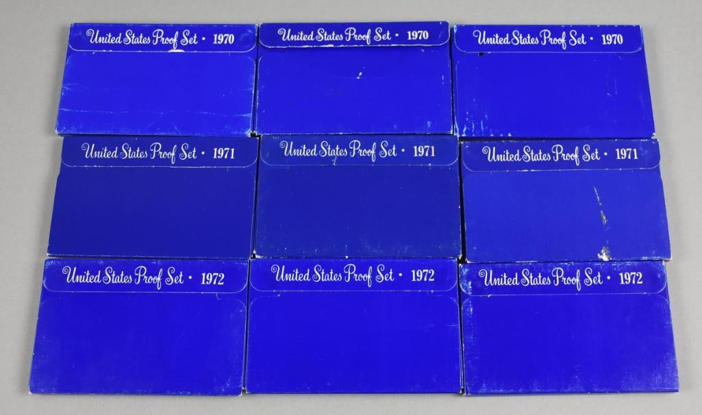 (9) 1970-72 United States Proof Sets: United States Proof Sets from 1970, 1971, and 1972, each in its original blue packaging. Each set contains proof-quality coins encased in plastic, with stunning mirror-like surfaces. Coins include cen