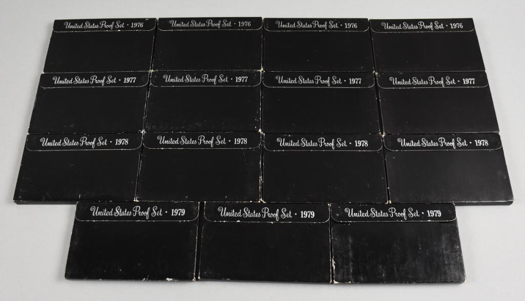 (15) 1976-79 United States Proof Sets: 15 United States Proof Coin Sets, including sets from 1976, 1977, 1978, and 1979. Each set comes in original black cases and features uncirculated coins with an intact protective enclosure and red bac