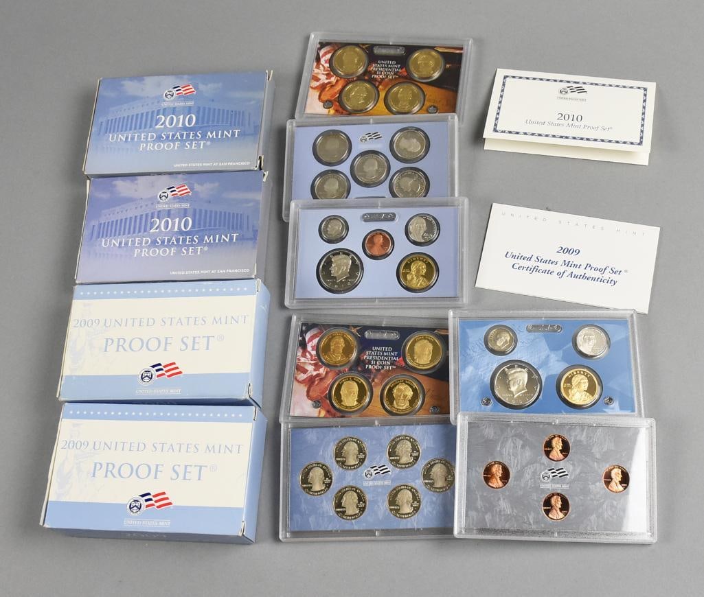 (4) 2009-10 U.S. Mint Proof Sets: 4 complete sets of 2009 and 2010 United States Mint Proof Sets, featuring layered coins encased in clear holders with accompanying certificates of authenticity. These sets showcase proof versions of v