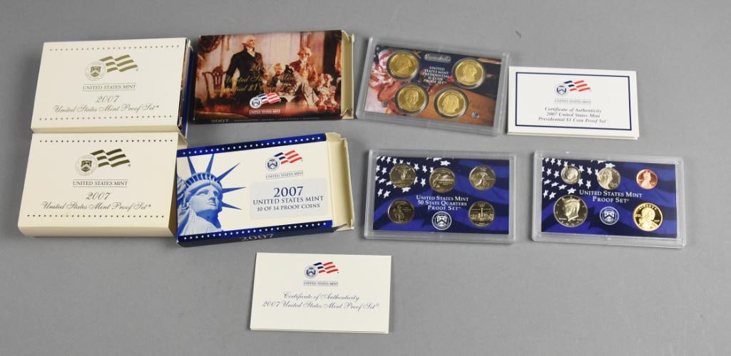 2007 US Mint Proof Set State Quarter US Presidential Proof Set: 2007 United States Mint Proof Sets, including Presidential $1 Coins and State Quarters. Packaging includes original boxes and specification cards. Coins are sealed in plastic cases, featuring a range
