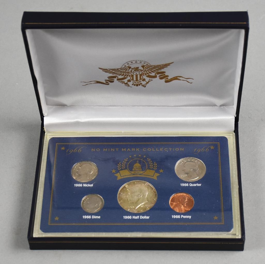 1966 No Mint Mark Collection in Display Case: 1966 No Mint Mark Coin Collection housed in a decorative display box. This set includes a Kennedy Half Dollar, Washington Quarter, Roosevelt Dime, Jefferson Nickel, and Lincoln Penny. Coins are displa