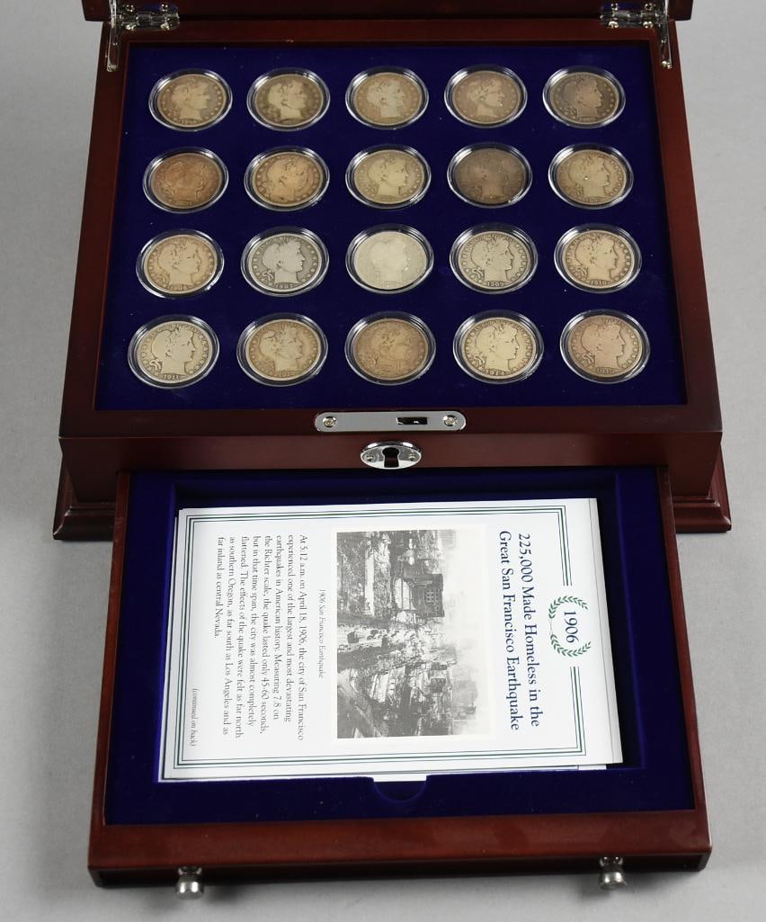 20 Years of Barber Silver Half Dollars Danbury Mint: A Danbury Mint collection featuring "The last 20 years of Barber Silver Half Dollars (1896 to 1915)". Each coin is individually encased, housed in a polished wooden display box with a glass top. The s