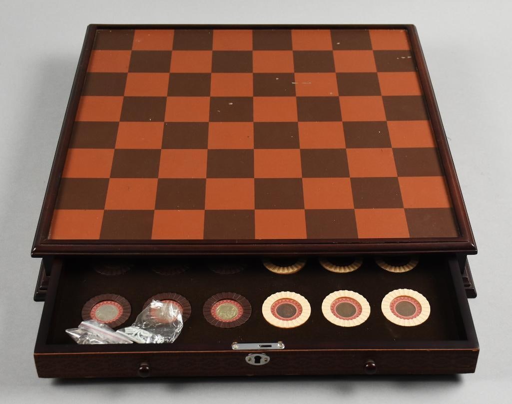 Buffalo Nickel Indian Head Penny Checkers Set Danbury: Lot is a Danbury Mint Buffalo Nickel & Indian Head Penny Checkers Set. A combination chess and checkers game set with an integrated storage drawer. The chessboard features a brown and orange checkered