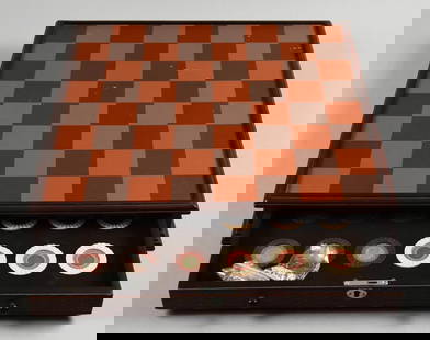 Buffalo Nickel Indian Head Penny Checkers Set Danbury: Lot is a Danbury Mint Buffalo Nickel & Indian Head Penny Checkers Set. A combination chess and checkers game set with an integrated storage drawer. The chessboard features a brown and orange checkered