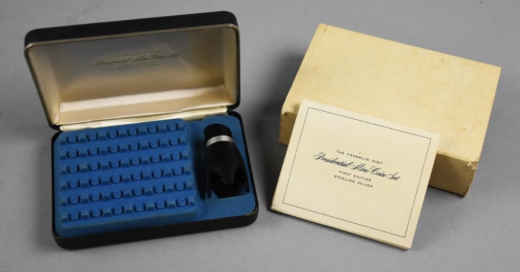 Sterling Presidential Mini Coin Set 1st Ed.: Lot is a Franklin Mint Sterling Presidential Mini Coin Set-1st Edition featuring engraved likenesses of U.S. Presidents from George Washington to Richard Nixon. Includes a total of 37 coins housed in 