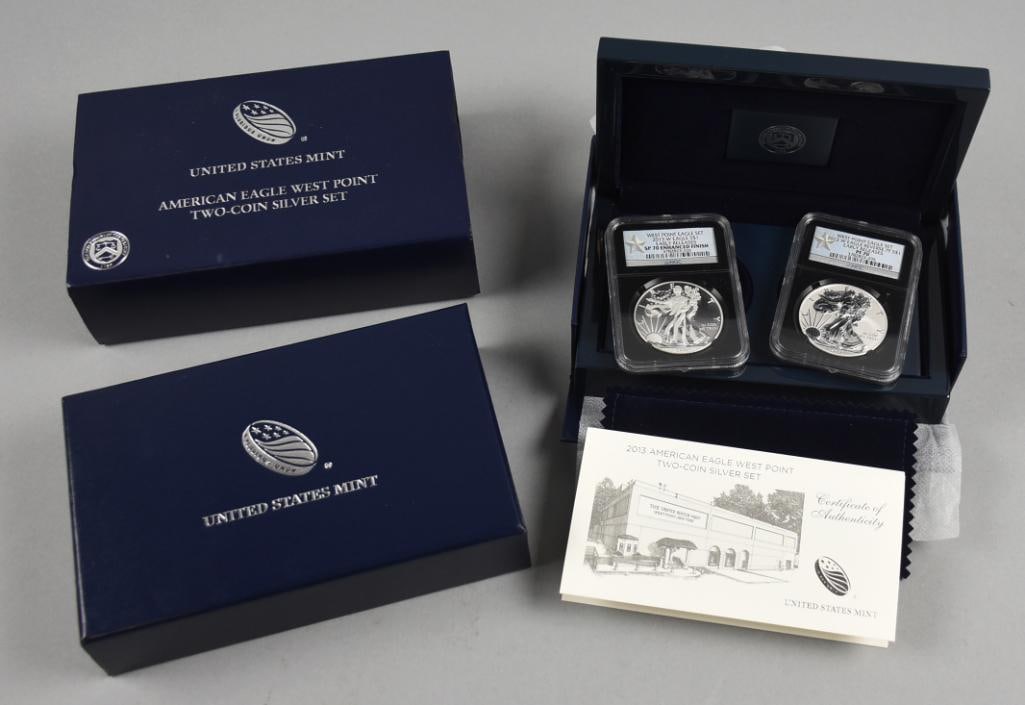 2013 West Point Silver Eagle Two-Coin Set Graded SP70 and PF70 by NGC: 2013 West Point Silver Eagle Set featuring two coins: a reverse proof and an enhanced uncirculated silver dollar. Certified by NGC as SP70 Enhanced Finish and PF70 Reverse Proof, both encapsulated in 