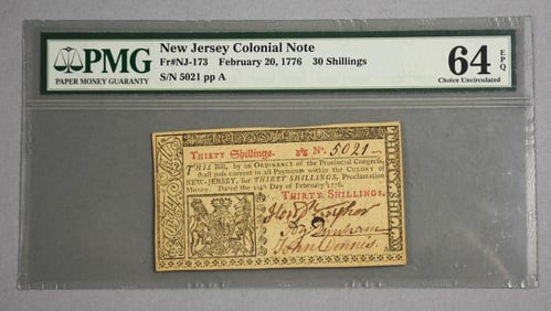 1776 30 Shillings NJ Colonial Note PMG 64 Choice Uncirculated