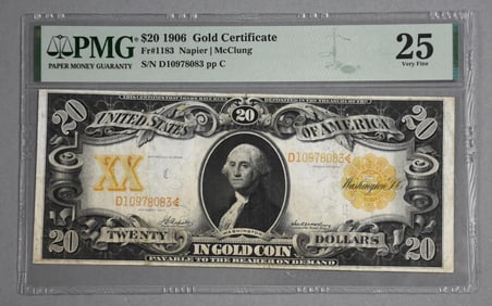 1906 $20 Gold Certificate, PMG Graded 25 Very Fine