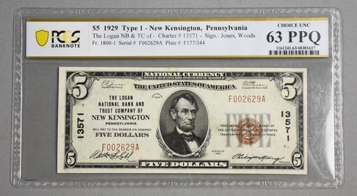 1929 $5 Type 1 New Kensington PA PCGS Graded 63 PPQ CU