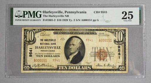 1929 $10 Harleysville National Bank, PA-PGM Graded 25 VF