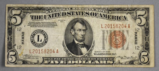1934 Hawaii Overprint $5 Federal Reserve Note