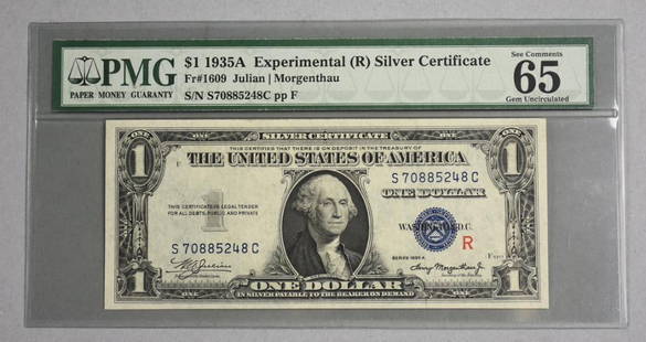 1935A $1 Experimental Silver Certificate, PMG 65 GU: Lot is a 1935A $1 Experimental Silver Certificate, PMG 65 Gem Uncirculated. Serial number S 70885248 C.