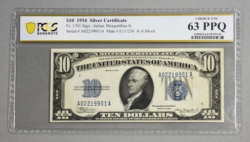 1935 $10 Silver Certificate PCGS Graded 63 PPQ CU