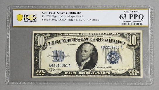 1935 $10 Silver Certificate PCGS Graded 63 PPQ CU: Lot is a 1935 $10 Silver Certificate PCGS Graded 63 PPQ Choice Uncirculated. Serial number A02219951 A.