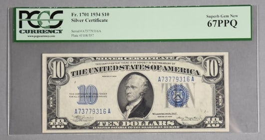 1934 $10 Silver Certificate 67PPQ Super Gem New