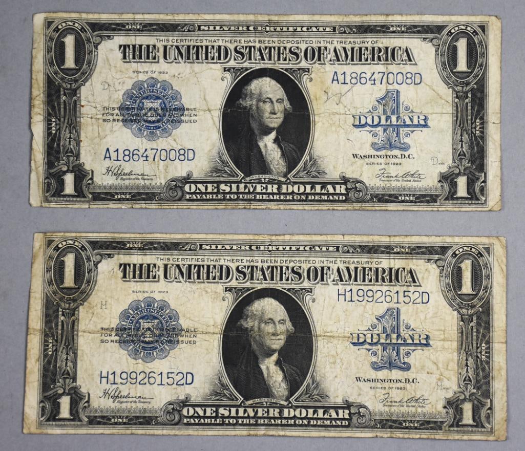 (2) 1923 $1 One Dollar Silver Certificates Blue Seal.: Lot is two 1923 $1 One Dollar Silver Certificates Blue Seal.