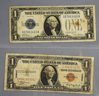 1926 and 1935 Hawaii $1 Silver Certificates - Fine: Lot is a 1926 blue seal and 1935 red seal Hawaii $1 Silver Certificates with Overprint