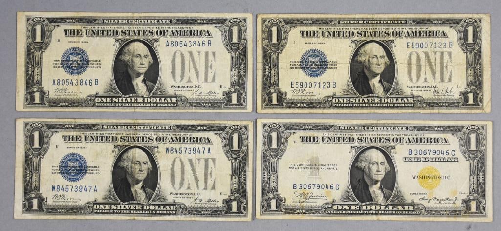 1928, 1935 $1 One Dollar Blue & Yellow Seal Silver Certificates: Lot is four 1928, 1935 $1 One Dollar Blue & Yellow Seal Silver Certificates. Includes two 1928 A, one 1928 B blue seal and one 1935 A yellow seal.