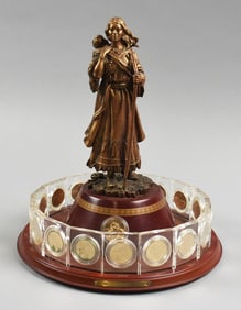 Danbury Mint Sacagawea Sculpture & 18 Dollar Coins Display