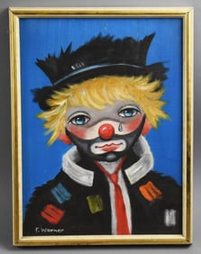 F. Warner Sad Clown Oil on Canvas Painting