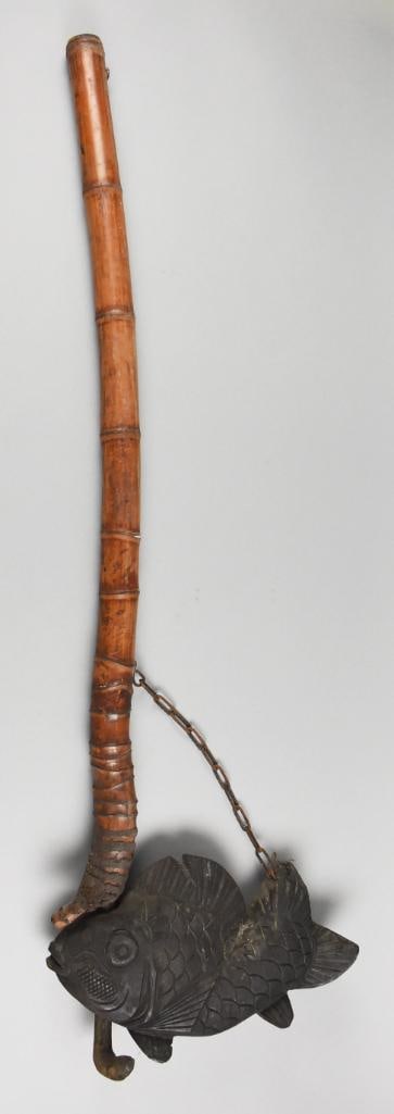 Antique Japanese Jizaikagi Adjustable Pot Hook: Very cute antique Japanese Jizaikagi or adjustable pot hook. They were used to raise and lower the kettle over a hearth to control heat. Handle appears to be bamboo with cast iron rod, carved wood fis