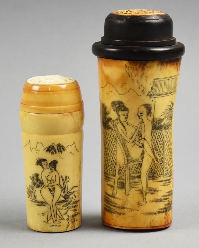 Pair Antique Chinese Cricket Cages, Erotic Carved Bovine: These are really cool pieces of Chinese origin. Each is a cricket cage with hand carved erotic art and ornate pierced lids. No visible marks and measure approx. 4" and 5.5" tall.