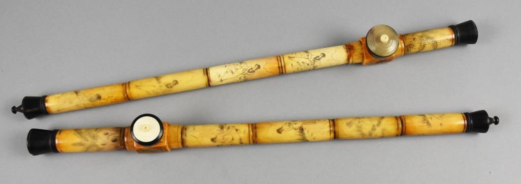 Antique Chinese Opium Pipes, Etched Bovine Bone: These are very cool antique Chinese opium pipes. They appear to be carved bovine with etched beautiful girls, one with nude women. both approx. 22" long