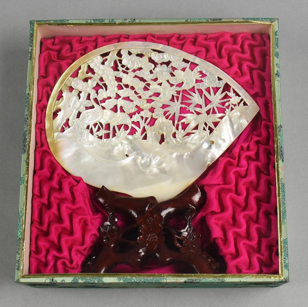 Vintage Chinese Mother of Pearl Shell Handicraft, Original Box: This stunning piece is a Shell Handicraft Sculpture and Made in China. Intricately carved landscape in mother of pearl with herons and trees. It comes on an original stand that appears rosewood and in