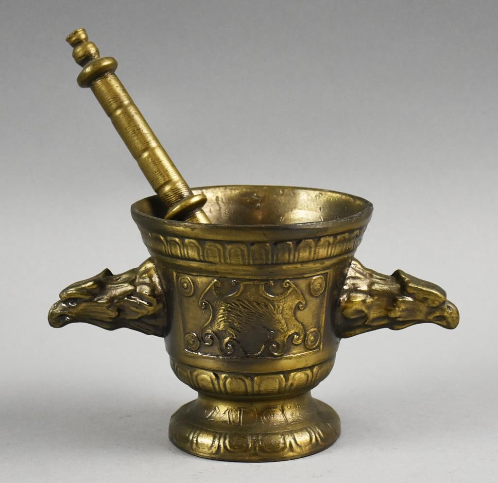 Vintage Apothecary Brass Double Eagle Mortar & Pestle: Beautiful and ornate vintage brass apothecary mortar and pestle. Mortar with shield and eagle on front and back with eagle handles. Pestle appears to be original. No visible marks, mortar measures app