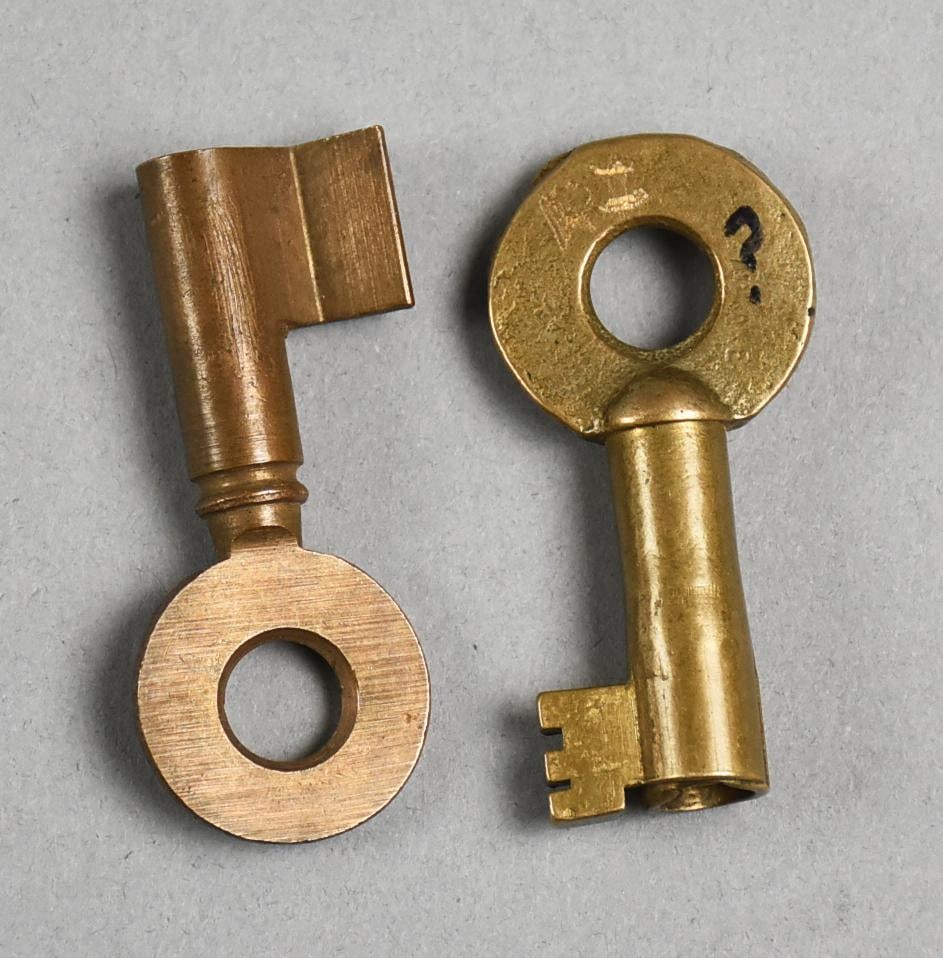 Antique Adlake ACC PLUS Brass Railroad Keys: These are great looking antique Railroad keys. One is marked Adlake?and ACC for Atlantic Coast Line Railroad. The other key does is stamped with numbers on the teeth. Both approx. 1" x 2" and appear b