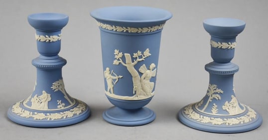 Misc Wedgwood Pale Blue Jasperware, Candlesticks, Vase