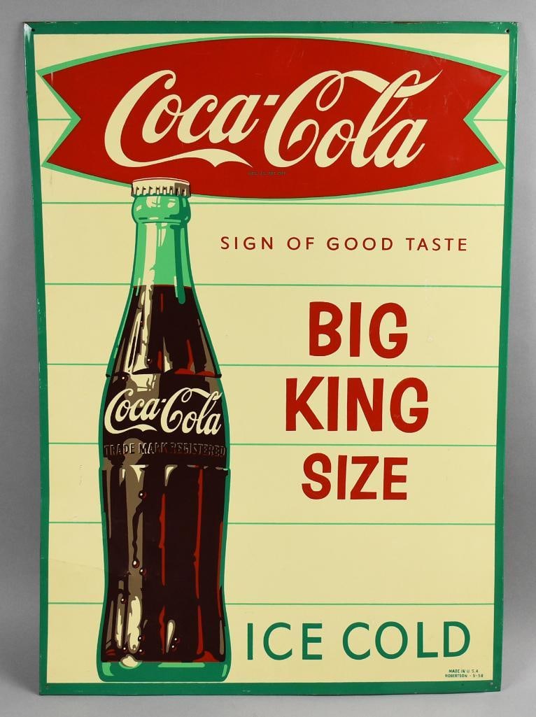 1958 Coca Cola Big King Size One Sided Tin Sign: Very cool vintage advertising sign for Coca Cola. This sign is for the Big King Size bottle. Made by Robertson with the numbers 5-58, believed to be for 1958. Measures approx. 20" x 28". Great piece o
