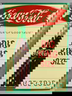 1958 Coca Cola Big King Size One Sided Tin Sign: Very cool vintage advertising sign for Coca Cola. This sign is for the Big King Size bottle. Made by Robertson with the numbers 5-58, believed to be for 1958. Measures approx. 20" x 28".