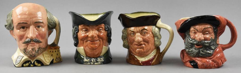 (4) Royal Doulton Toby Jugs, Shakespeare, Brown & More: Nice lot of Royal Doulton Toby Jugs, William Shakespeare, Parson Brown, Falstaff and Sam Johnson. Stand approx 6.5" to 8" tall