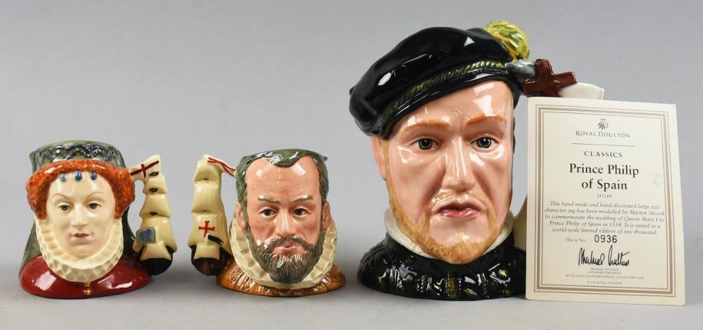 Royal Doulton Toby Jugs, King & Prince Philip, Queen Elizabeth I: Royalty Royal Doulton Toby Jugs, King Philip of Spain, Prince Philip of Spain with COA and Queen Elizabeth I. Stand approx 4" to 7.5" tall