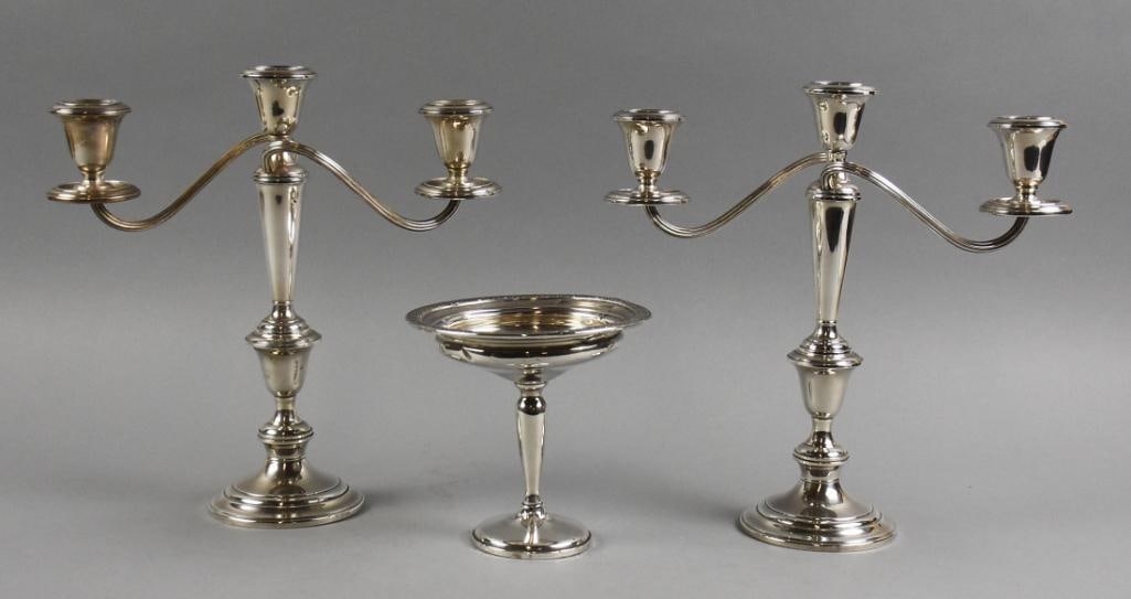 Vintage Gorham, Mueck-Carey Weighted Sterling Pieces: Nice lot of decorative sterling pieces. This lot includes a weighted sterling compote with ornate rim from Mueck-Carey Co. and a pretty weighted candelabra set from Gorham. Candlesticks with "pull-apa