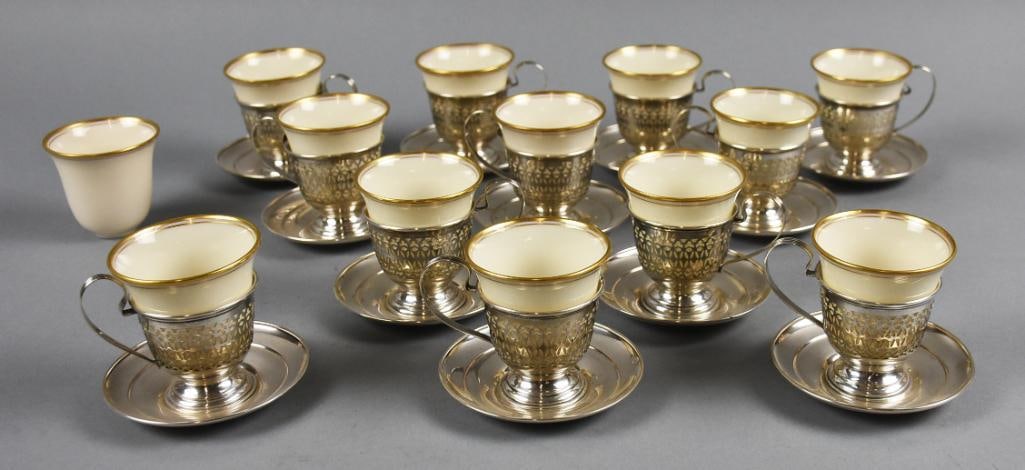 Vintage Manchester Sterling Cups, Lenox Porcelain Liners: This is a terrific lot of sterling pierced cups with porcelain liners. The liners are Lenox porcelain with elegant gold trim. The cups are pierced with flower petal pattern and each comes with a sauce