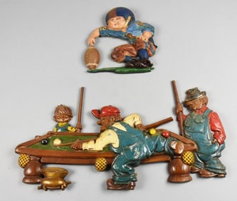 1970s Vintage Cast Metal Wall Art - Playing Pool & Football