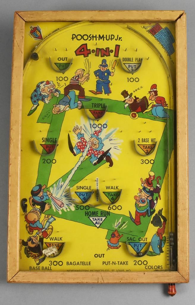 Vintage Poosh M Up Jr Tabletop Baseball Pinball: Great Poosh M Up Jr tabletop pinball machine with a baseball theme. Fully functioning with the one ball. Measures 11" x 17".