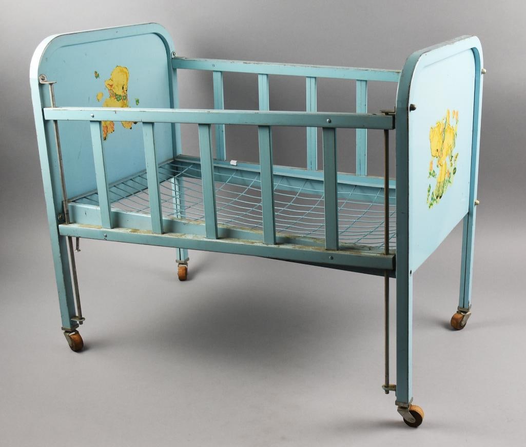 c1950 Amsco Doll-E Crib with Decals: This adorable piece is from Amsco. It is called a Doll-E Crib, metal and painted blue. There are precious lamb decals on the inside of the headboard and outside the foot board. Wire mattress support a