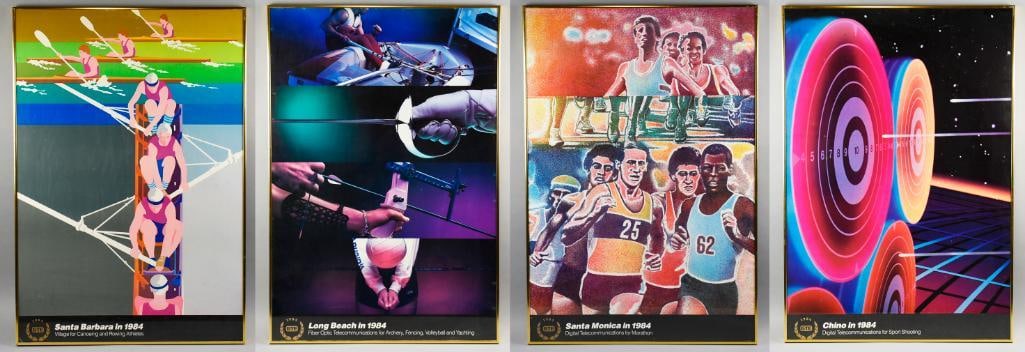 (4) 1984 GTE Los Angeles Summer Olympics Posters: RARE in this condition, these great looking posters are advertising for GTE telephone (who remembers?). Each poster is for the 1984 Summer Olympics in and around Los Angeles. Posters are for Canoeing-