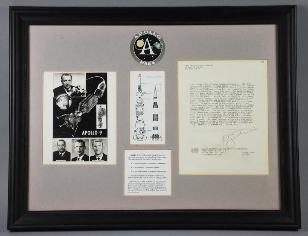 Apollo 9 Commemorative w/ Rusty Schweickart Signed 1969 Memo: This awesome piece was created to commemorate the 1969 manned lunar module, Apollo 9. The framed letter and black and white photo montage is original. The CBS memo announcing "The Flight of Apollo 9" 