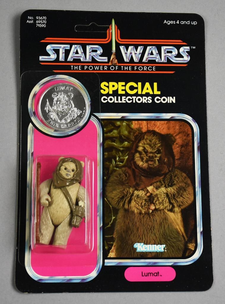 1984 Kenner Star Wars POT Force Lumat Coin 92A Back Unpunched: Lot is a 1984 Kenner Star Wars Power of the Force Lumat Coin 92A Back. Unpunched card. Single owner collection from the largest toy collector on the West Coast.