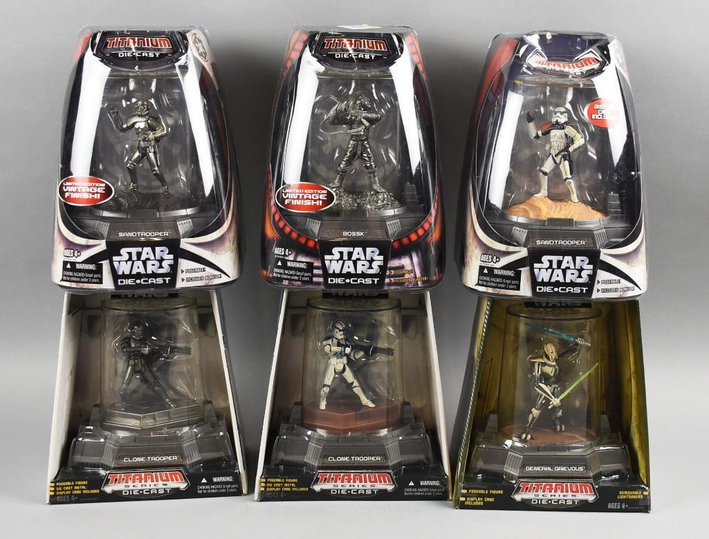 (6) 2006 Hasbro Star Wars Titanium Die-Cast MIP-NOS: Lot is six 2006 Hasbro Star Wars Titanium Die-Cast-MIP-NOS. Includes Sand Trooper, Bossk, Clone Trooper and General Grievous. Lot with duplicates. Single owner collection from the largest toy collecto