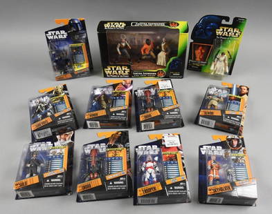 (11) 1990s-00s  Hasbro Star Wars Action Figures-MIP-NOS: Lot is 11 1990s-00s Hasbro Star Wars Action Figures-MIP-NOS. Includes Solo, Droid (2), Trooper, Skywalker, Kenobi, Windu, Grievous, Fett, Princess Leia and a three pack, Cantina Showdown. Single owner