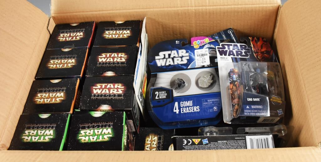 (30+) 1990s-00s Star Wars Episode One Action Figures-MIP-NOS: Lot is over 30 1990s-00s Star Wars Episode One Action Figures-MIP-NOS. NOTE DID NOT VERIFY LIST ON SIDE OF BOX! Includes?DARTH MAUL,?ANAKIN SKYWALKER, NAROO? FIGHTER,?OBI WAN,?JOKING JARJAR BINKS,?JAR