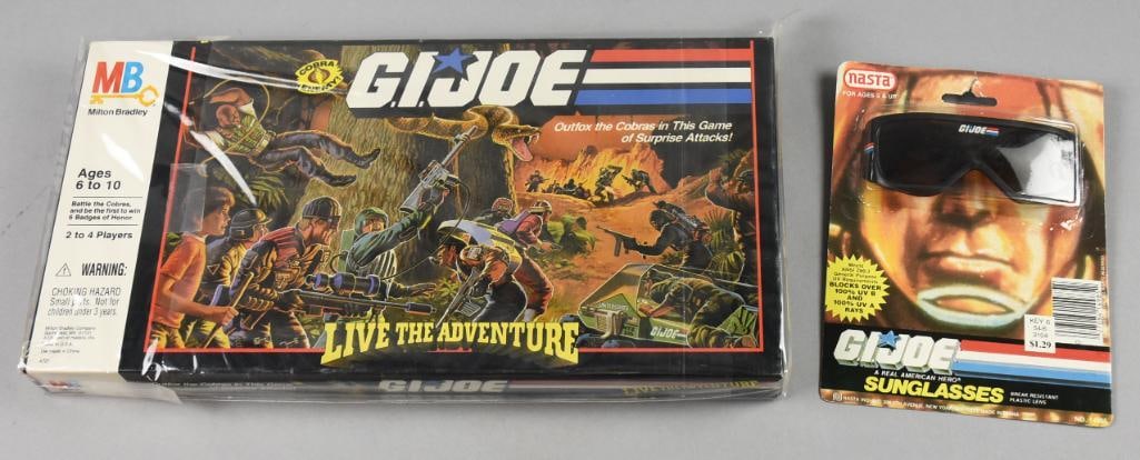 1986, 88 GI Joe Board Game/ Nasta Sunglasses-NOS: Fun lot of 1986, 88 Milton Bradley GI Joe Board Game/Nasta Sunglasses-NOS. Board game is Live the Adventure, sunglasses are from Nasta.?Single owner collection from the largest toy collector on the We