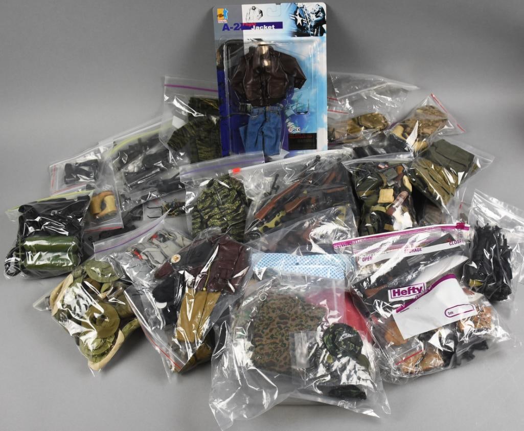 Large Assortment 21st Century Military Uniforms & Accessories: Lot is a Large Assortment 21st Century Military Uniforms & Accessories. Pieces are sorted and placed in zip lock bags with rifles, boots, bags, uniforms and more. All may not be 21st Century. Single o